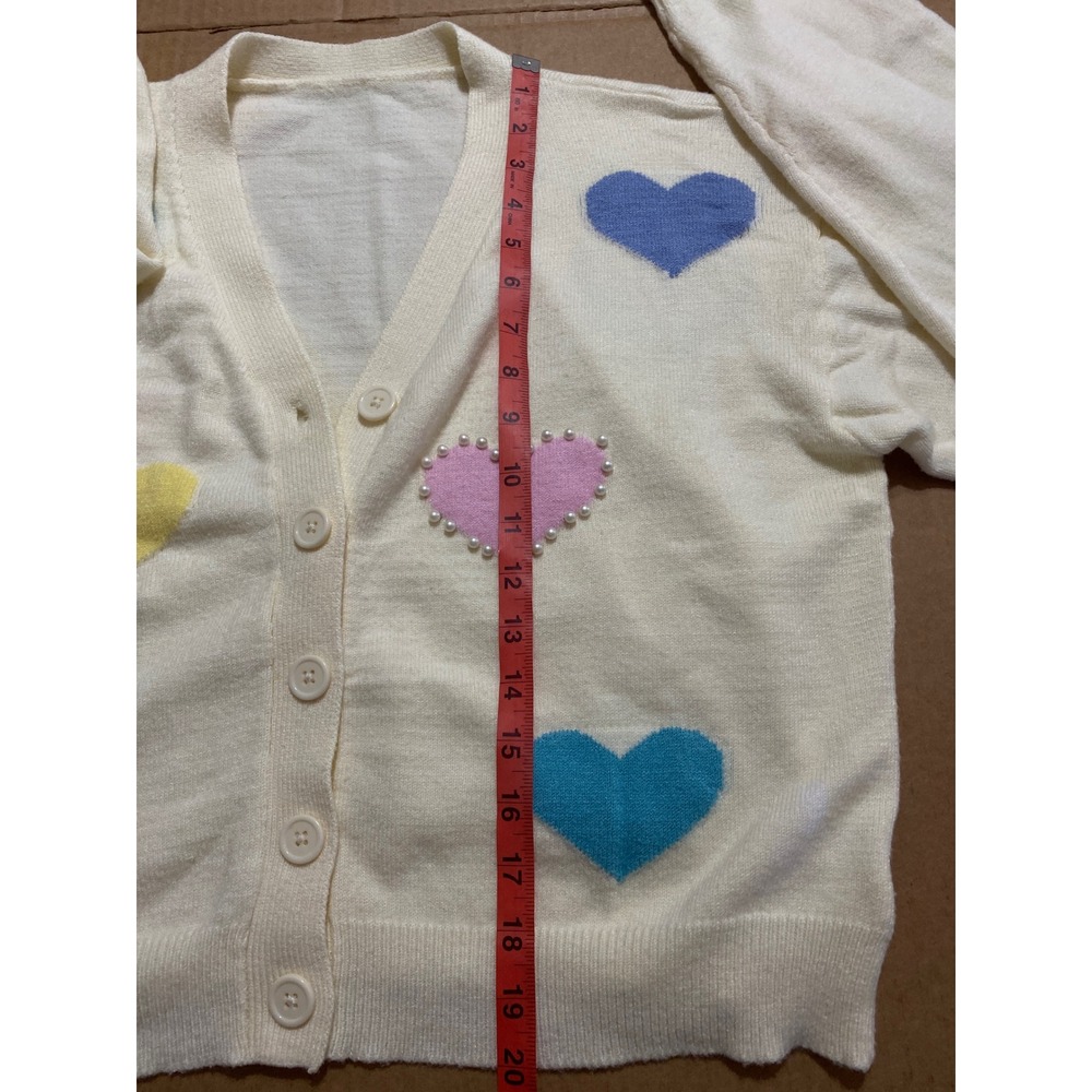 Pastel Heart Pearl Embellished Cream Cardigan Sweater V-Neck Button Front L-XL - Picture 8 of 8